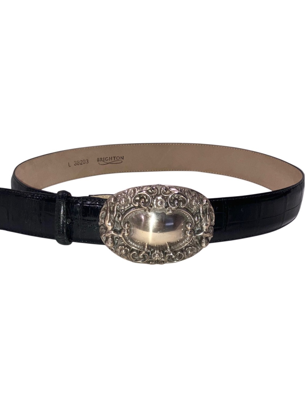 Brighton Vintage 1995 Black Croc Embossed Leather Belt Cherub Buckle Size L